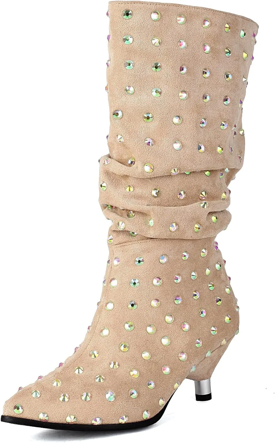 Faux Suede Crystal Slouch Boots for Women Low Round Heel Slip On Studded Pleated Mid Calf Boots