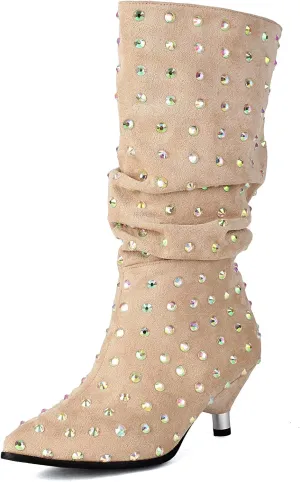 Faux Suede Crystal Slouch Boots for Women Low Round Heel Slip On Studded Pleated Mid Calf Boots