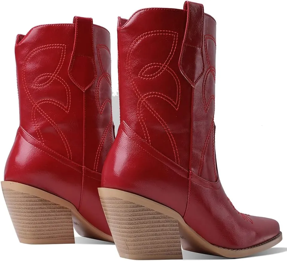 femflame Cowgirl Boots for Women Pointed Toe Chunky Heel Cowboy Ankle Boots Embroidery Pull-on Vintage Western boots