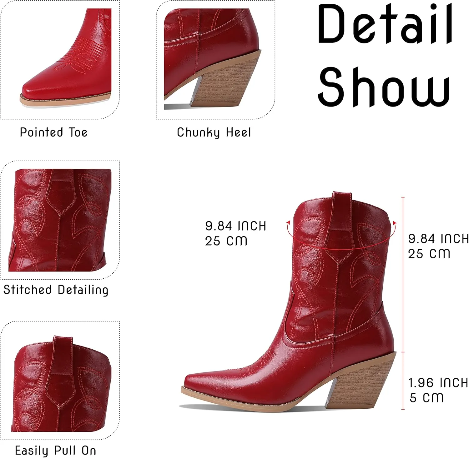 femflame Cowgirl Boots for Women Pointed Toe Chunky Heel Cowboy Ankle Boots Embroidery Pull-on Vintage Western boots