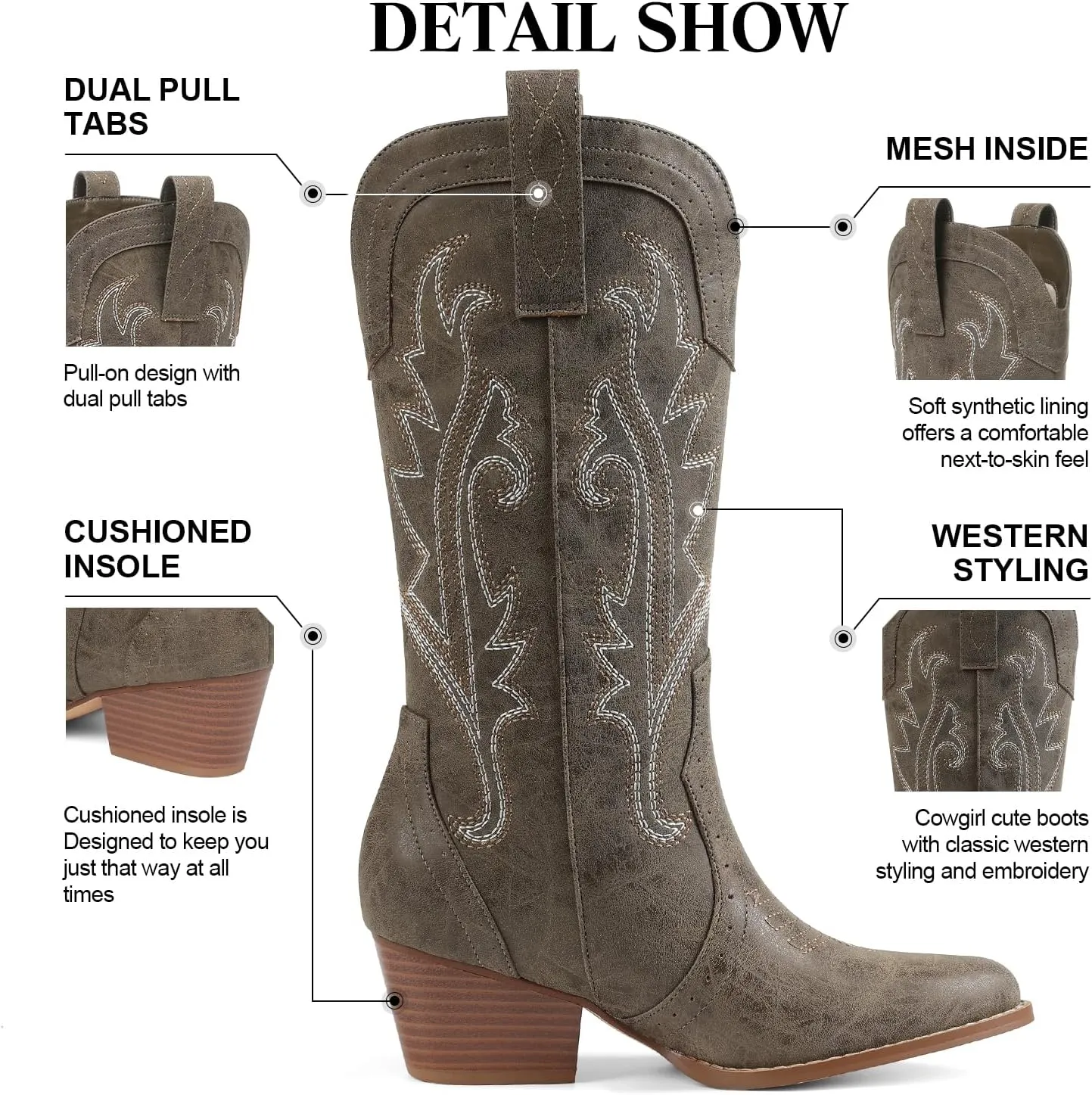 femflame Womens Cowboy Boots for Women Pointed Toe Chunky Heel Mid Calf Cowgirl Boot Embroidered Western Boots