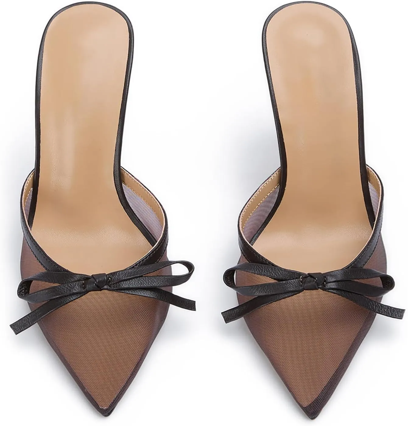 FIFSY Mesh High Heels Mules for Women Pointed Toe Slip on Backless Pumps Stiletto Slingback Bow Heels Vintage Sexy Pointy Closed Toe Heels Wedding Shoes