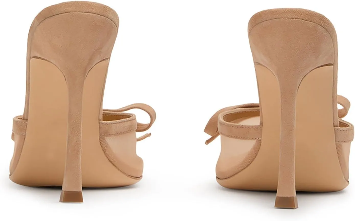 FIFSY Mesh High Heels Mules for Women Pointed Toe Slip on Backless Pumps Stiletto Slingback Bow Heels Vintage Sexy Pointy Closed Toe Heels Wedding Shoes