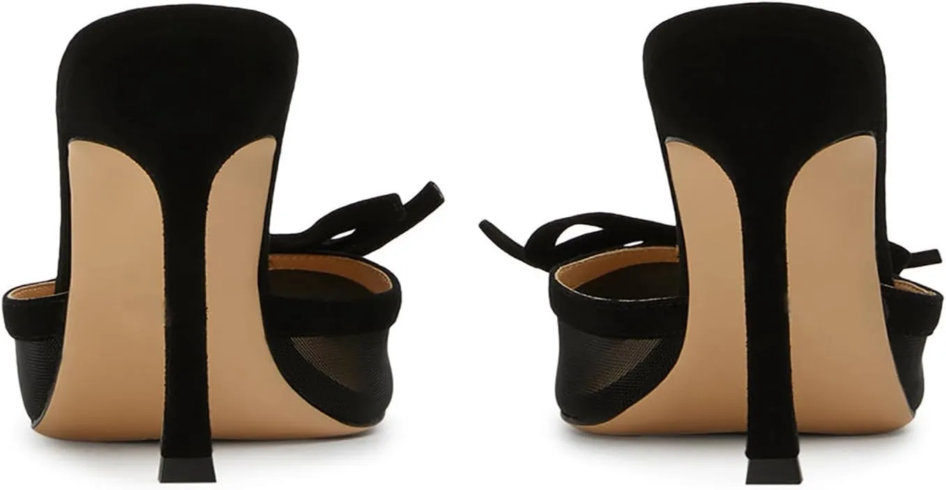 FIFSY Mesh High Heels Mules for Women Pointed Toe Slip on Backless Pumps Stiletto Slingback Bow Heels Vintage Sexy Pointy Closed Toe Heels Wedding Shoes