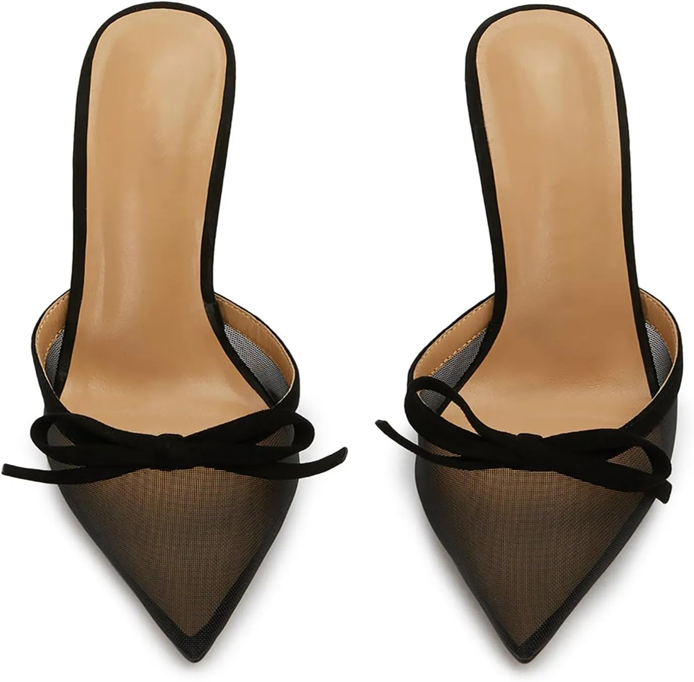FIFSY Mesh High Heels Mules for Women Pointed Toe Slip on Backless Pumps Stiletto Slingback Bow Heels Vintage Sexy Pointy Closed Toe Heels Wedding Shoes