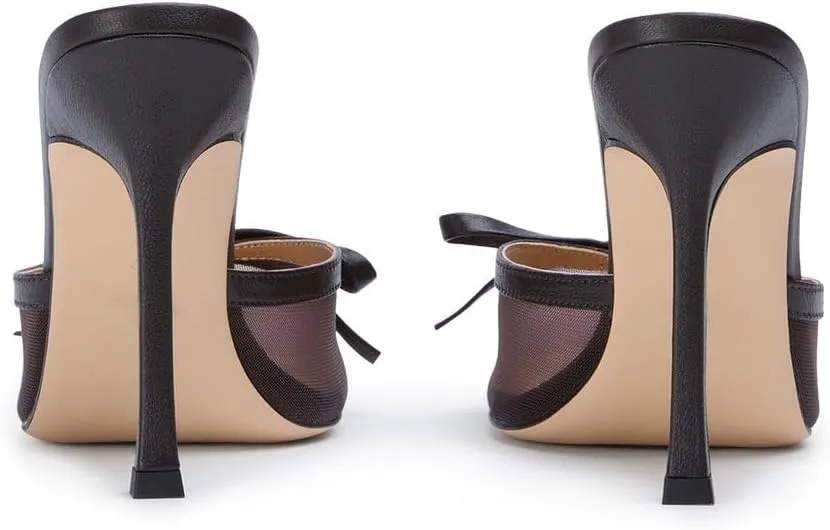 FIFSY Mesh High Heels Mules for Women Pointed Toe Slip on Backless Pumps Stiletto Slingback Bow Heels Vintage Sexy Pointy Closed Toe Heels Wedding Shoes