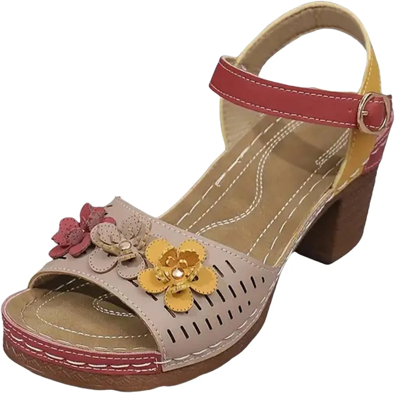 Fish Mouth Thick Heel Women's Shoes Fashionable Casual Flower Decoration Color Matching Sandals Takeaway Sandal