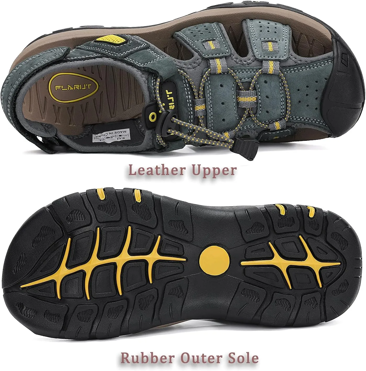 FLARUT Men's Sport Sandals Outdoor Hiking Sandals Closed Toe Leather Athletic Lightweight Trail Walking Casual Sandals Water Shoes