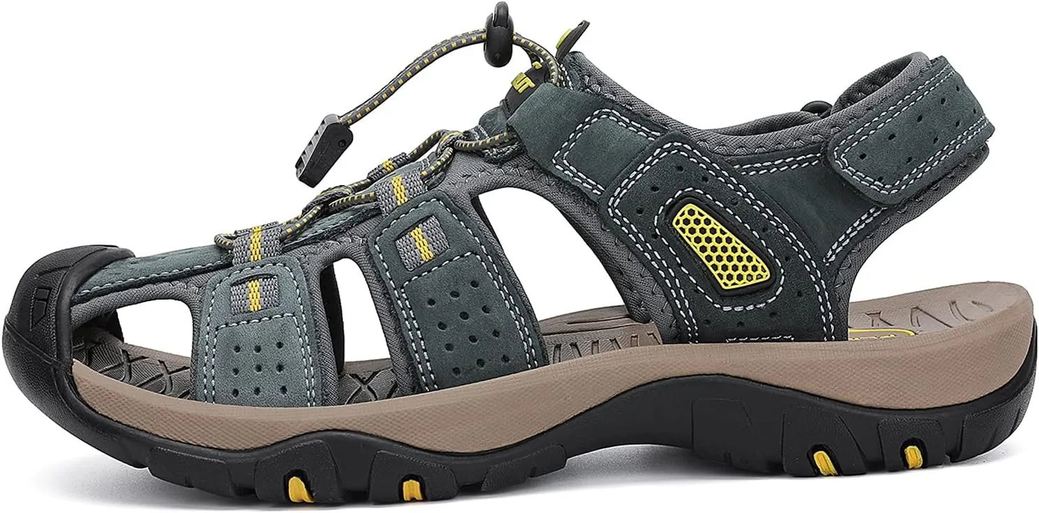 FLARUT Men's Sport Sandals Outdoor Hiking Sandals Closed Toe Leather Athletic Lightweight Trail Walking Casual Sandals Water Shoes