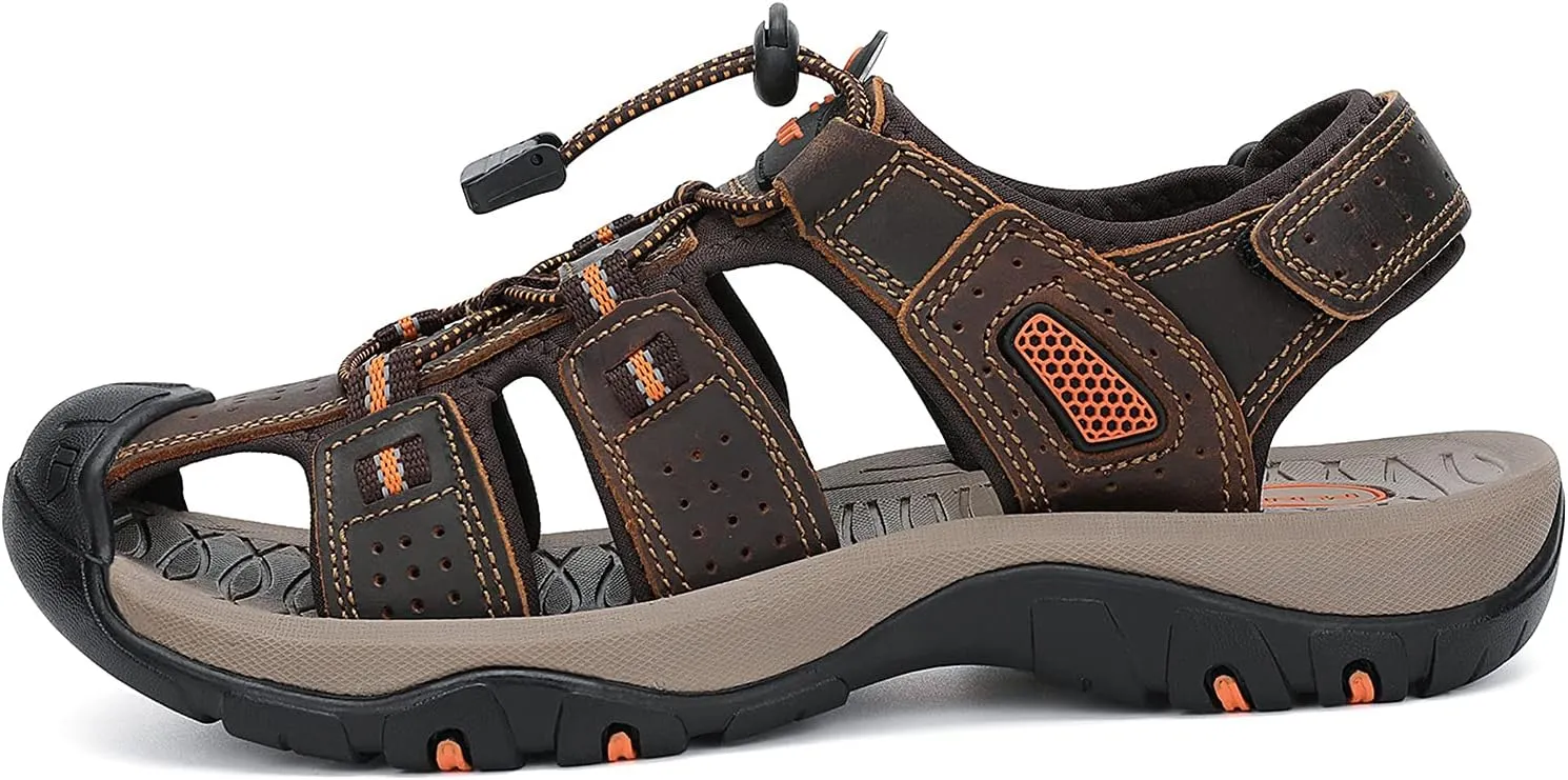 FLARUT Men's Sport Sandals Outdoor Hiking Sandals Closed Toe Leather Athletic Lightweight Trail Walking Casual Sandals Water Shoes