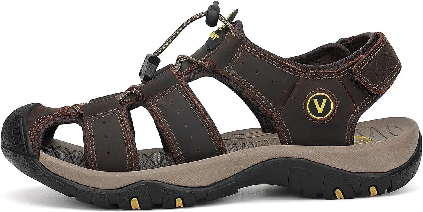 FLARUT Men's Sport Sandals Outdoor Hiking Sandals Closed Toe Leather Athletic Lightweight Trail Walking Casual Sandals Water Shoes
