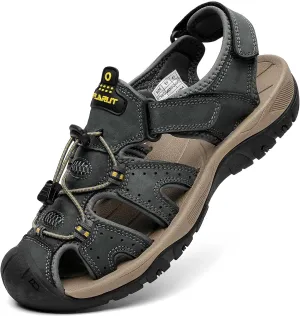 FLARUT Men's Sport Sandals Outdoor Hiking Sandals Closed Toe Leather Athletic Lightweight Trail Walking Casual Sandals Water Shoes