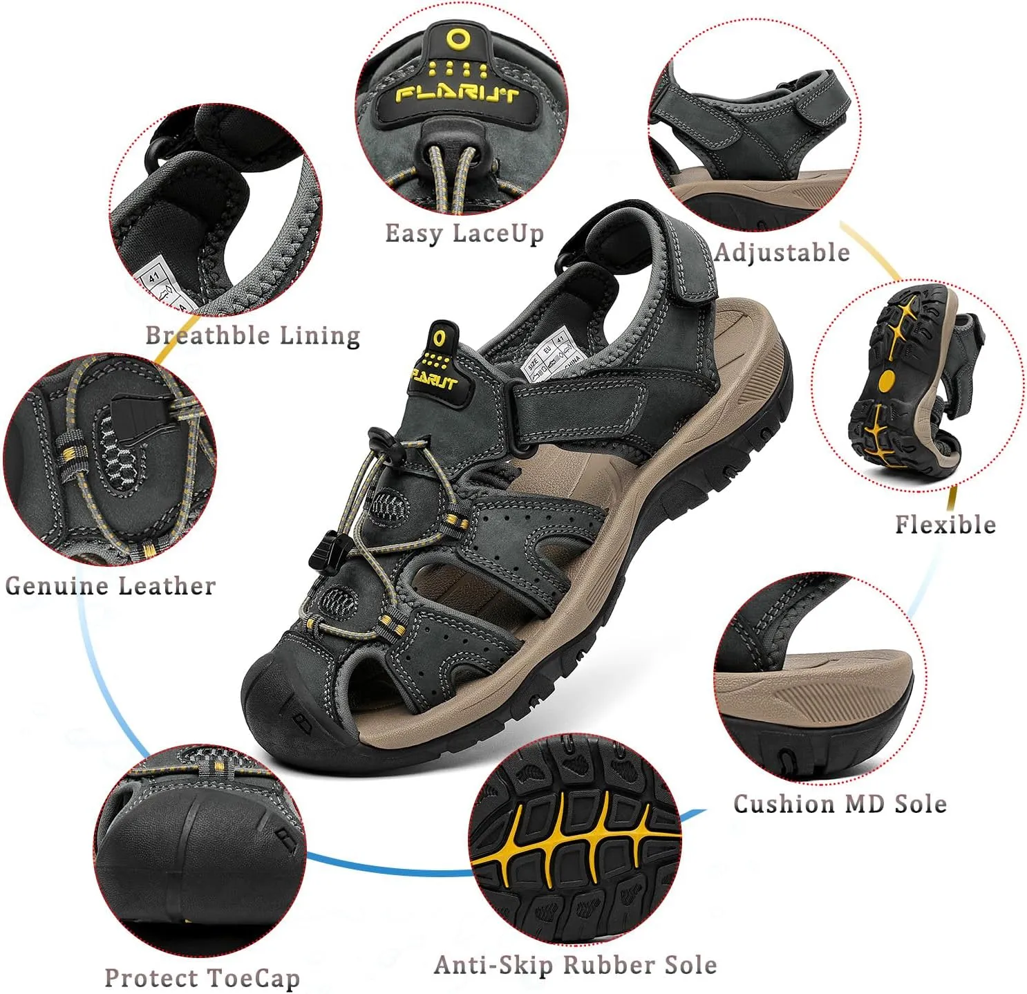 FLARUT Men's Sport Sandals Outdoor Hiking Sandals Closed Toe Leather Athletic Lightweight Trail Walking Casual Sandals Water Shoes
