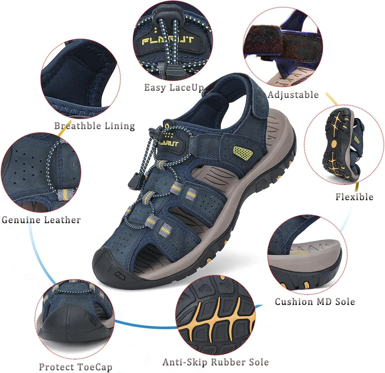 FLARUT Men's Sport Sandals Outdoor Hiking Sandals Closed Toe Leather Athletic Lightweight Trail Walking Casual Sandals Water Shoes