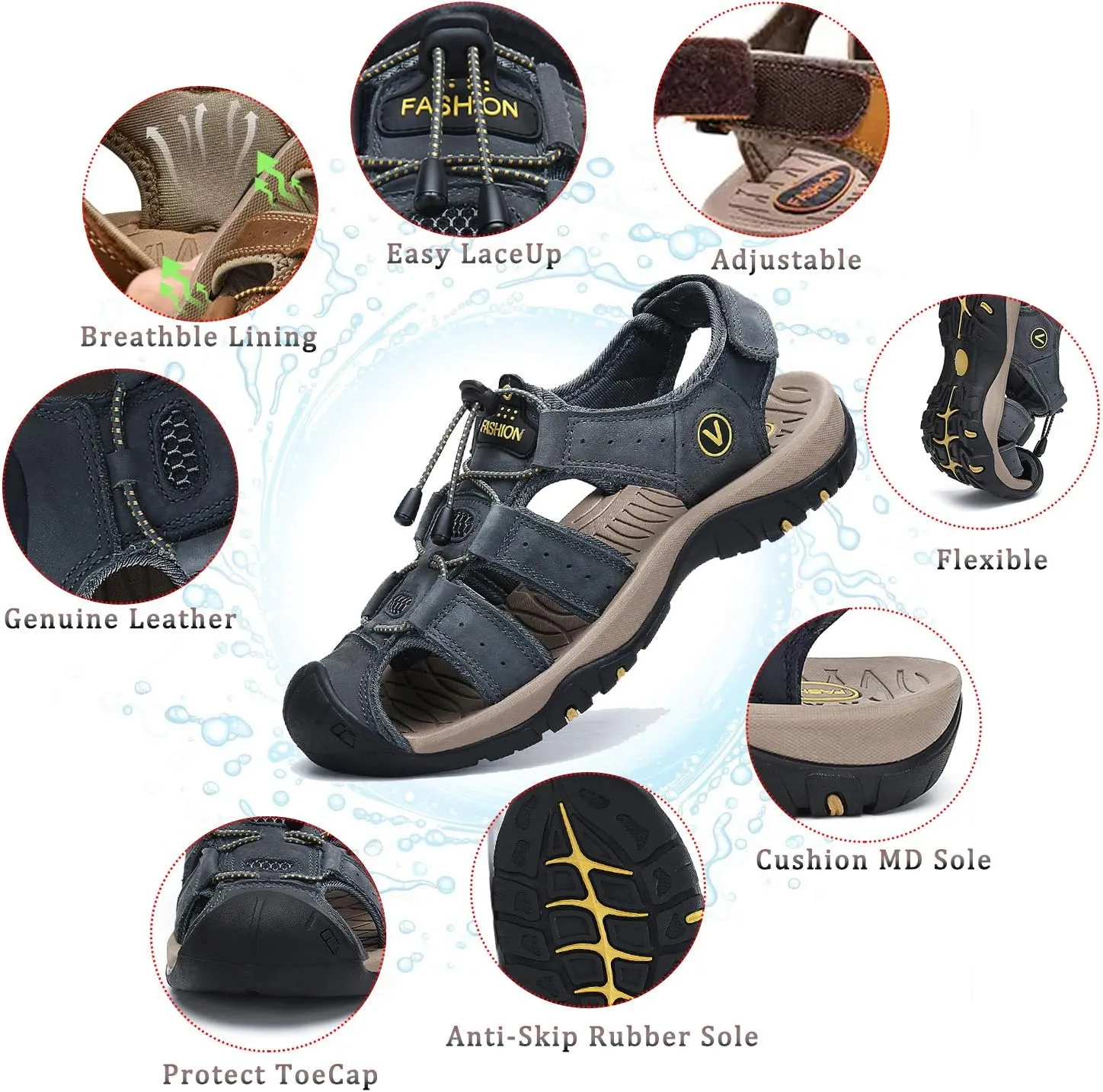 FLARUT Men's Sport Sandals Outdoor Hiking Sandals Closed Toe Leather Athletic Lightweight Trail Walking Casual Sandals Water Shoes