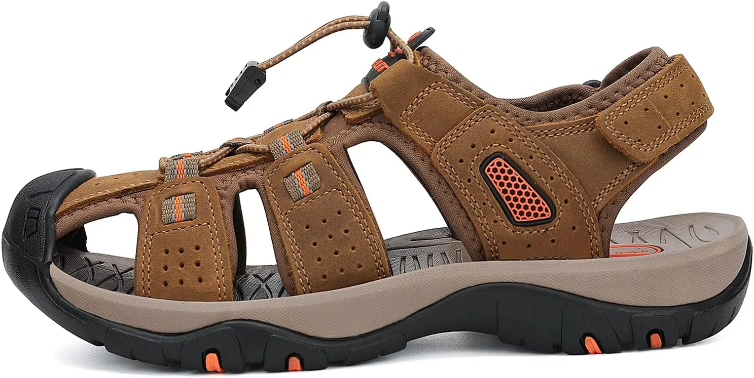 FLARUT Men's Sport Sandals Outdoor Hiking Sandals Closed Toe Leather Athletic Lightweight Trail Walking Casual Sandals Water Shoes