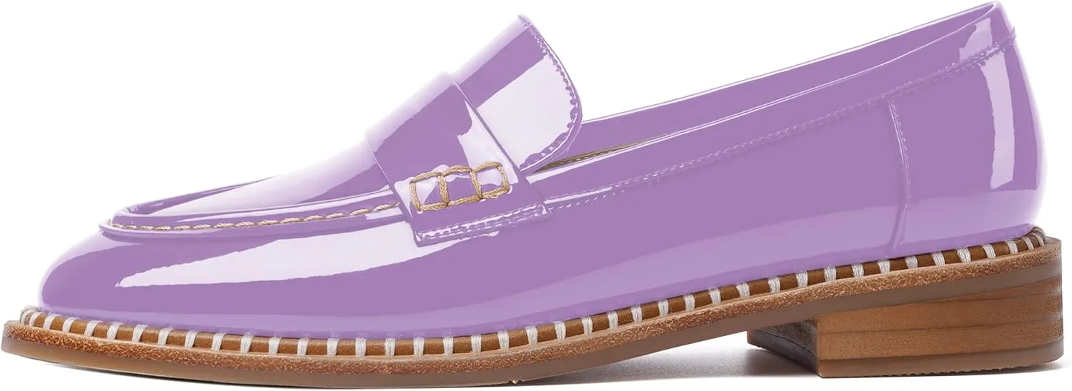 FOGEENA Womens Slip On Penny Fashion Casual Round Toe Patent Leather Chunky Low Heel Loafers Dress Shoes 1 Inch
