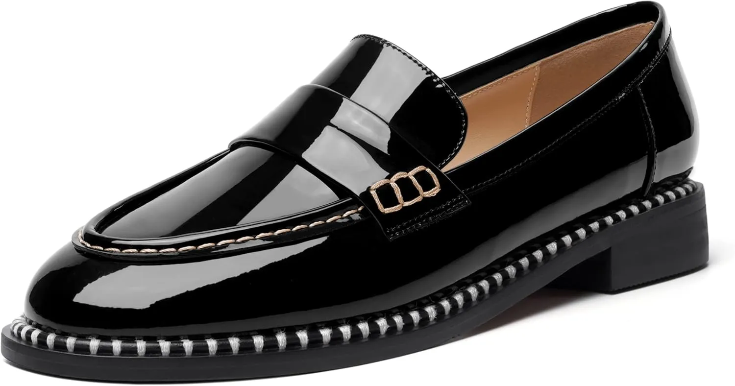 FOGEENA Womens Slip On Penny Fashion Casual Round Toe Patent Leather Chunky Low Heel Loafers Dress Shoes 1 Inch