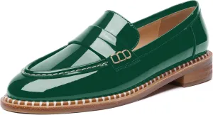 FOGEENA Womens Slip On Penny Fashion Casual Round Toe Patent Leather Chunky Low Heel Loafers Dress Shoes 1 Inch