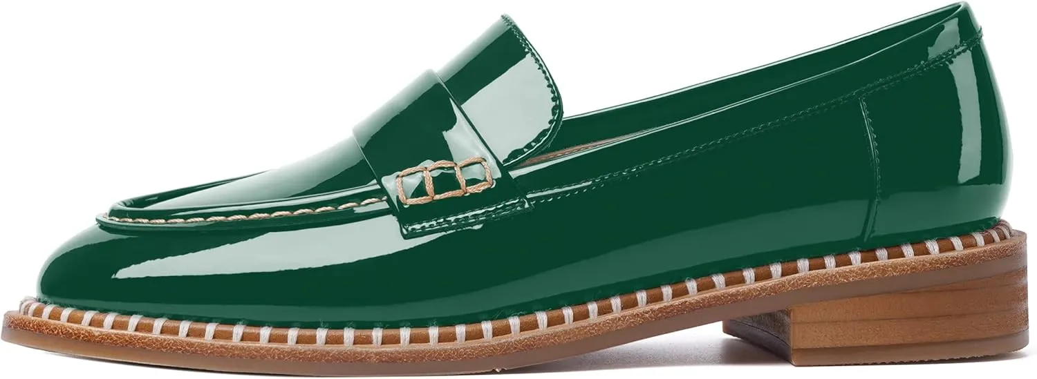 FOGEENA Womens Slip On Penny Fashion Casual Round Toe Patent Leather Chunky Low Heel Loafers Dress Shoes 1 Inch