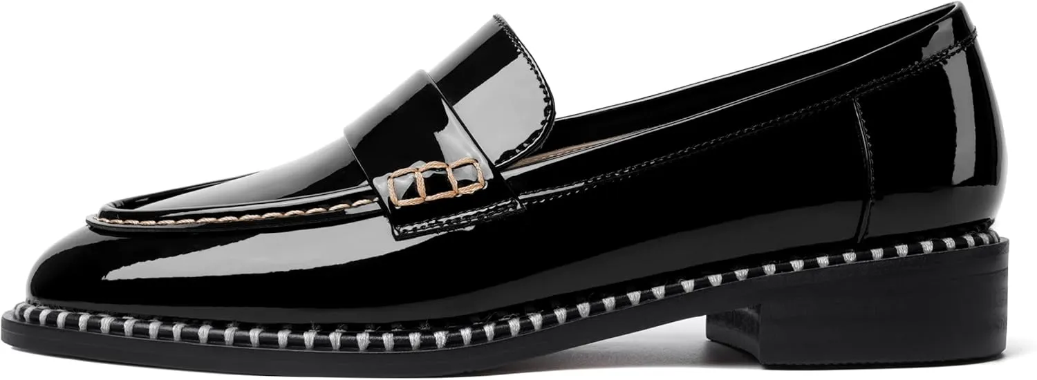 FOGEENA Womens Slip On Penny Fashion Casual Round Toe Patent Leather Chunky Low Heel Loafers Dress Shoes 1 Inch