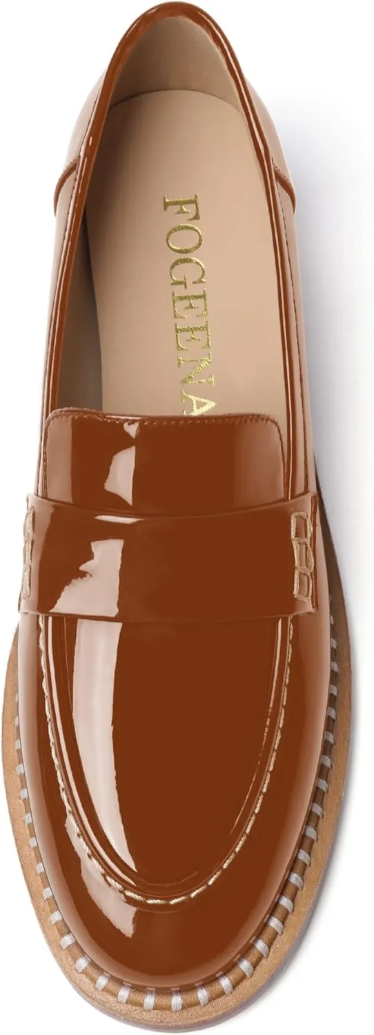 FOGEENA Womens Slip On Penny Fashion Casual Round Toe Patent Leather Chunky Low Heel Loafers Dress Shoes 1 Inch