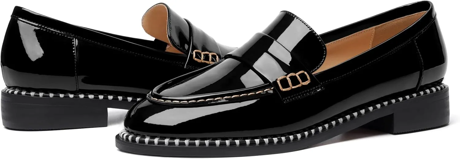 FOGEENA Womens Slip On Penny Fashion Casual Round Toe Patent Leather Chunky Low Heel Loafers Dress Shoes 1 Inch