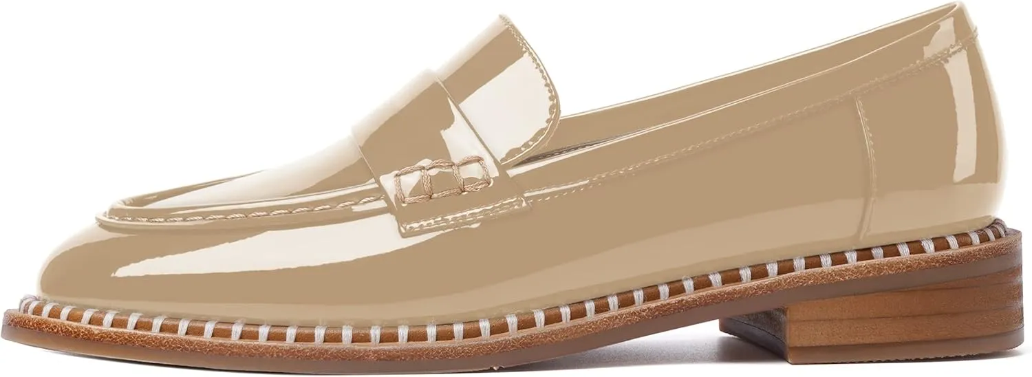 FOGEENA Womens Slip On Penny Fashion Casual Round Toe Patent Leather Chunky Low Heel Loafers Dress Shoes 1 Inch