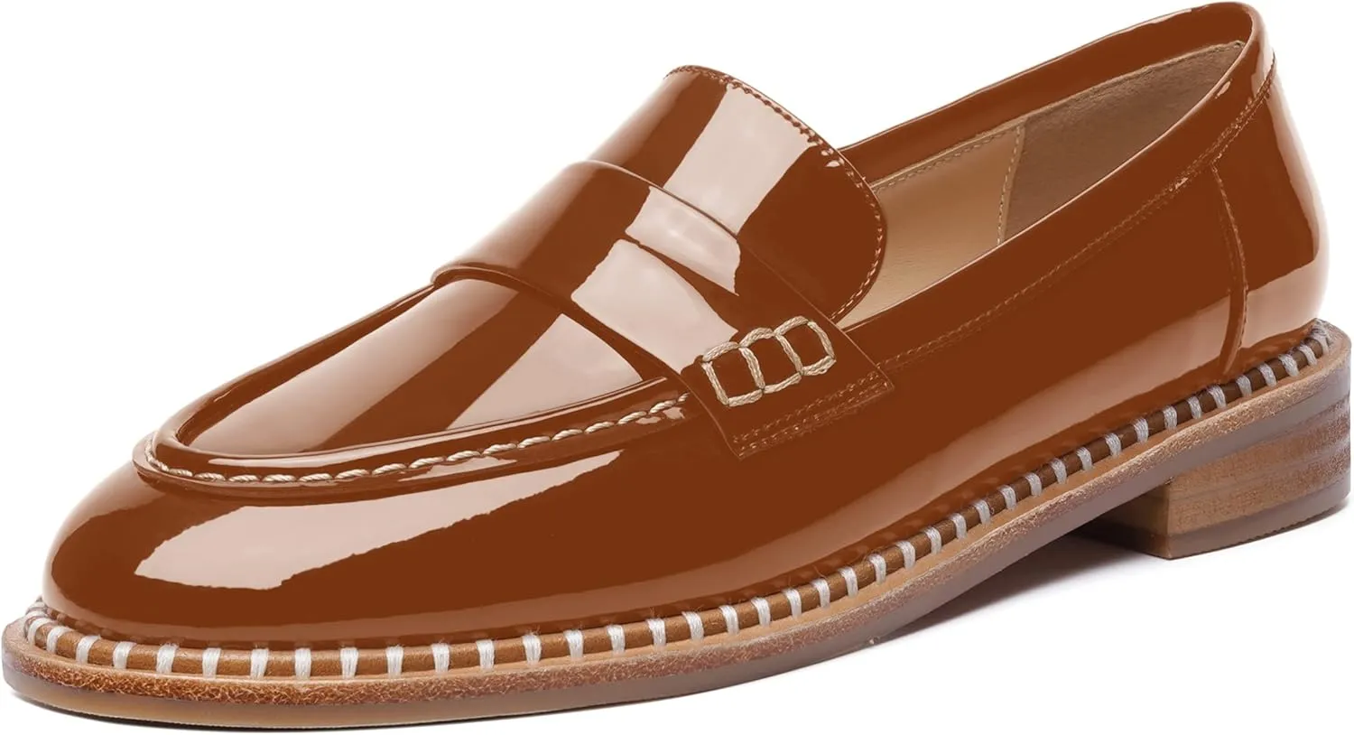 FOGEENA Womens Slip On Penny Fashion Casual Round Toe Patent Leather Chunky Low Heel Loafers Dress Shoes 1 Inch