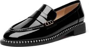 FOGEENA Womens Slip On Penny Fashion Casual Round Toe Patent Leather Chunky Low Heel Loafers Dress Shoes 1 Inch