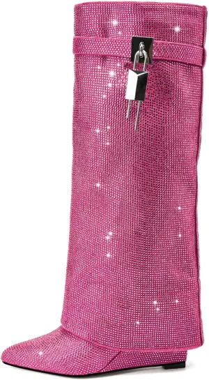 Fold Over Knee High Boots for Women - Pull-on Pointed Toe Wedge Heel With Sparkly Rhinestone and Padlock - Wide Calf Tall Fashion Boots for Party