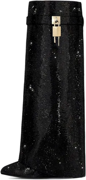 Fold Over Knee High Boots for Women - Pull-on Pointed Toe Wedge Heel With Sparkly Rhinestone and Padlock - Wide Calf Tall Fashion Boots for Party