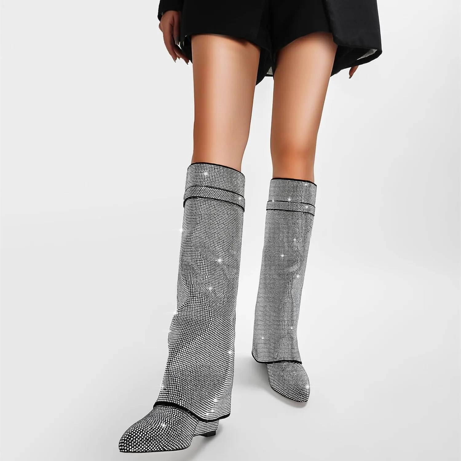 Fold Over Knee High Boots for Women - Pull-on Pointed Toe Wedge Heel With Sparkly Rhinestone and Padlock - Wide Calf Tall Fashion Boots for Party