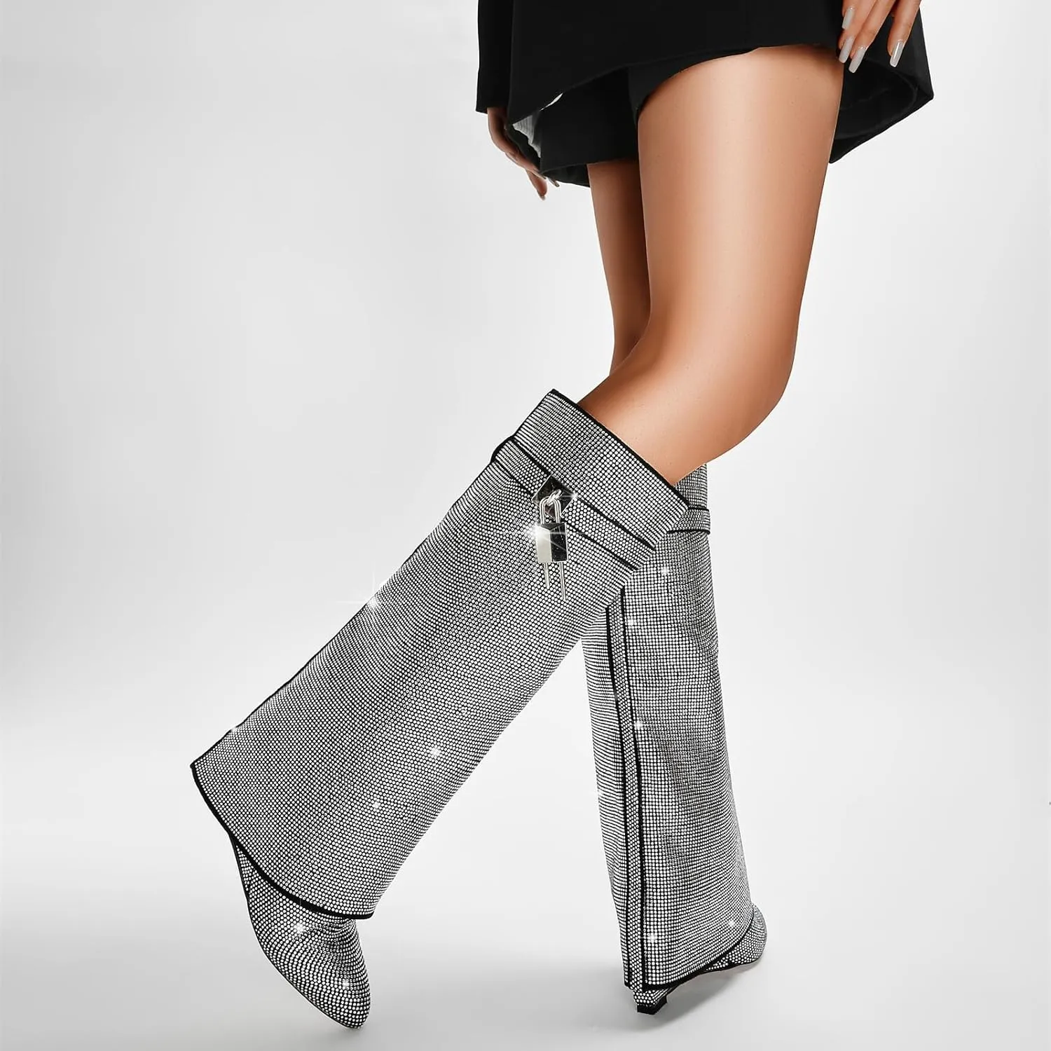 Fold Over Knee High Boots for Women - Pull-on Pointed Toe Wedge Heel With Sparkly Rhinestone and Padlock - Wide Calf Tall Fashion Boots for Party