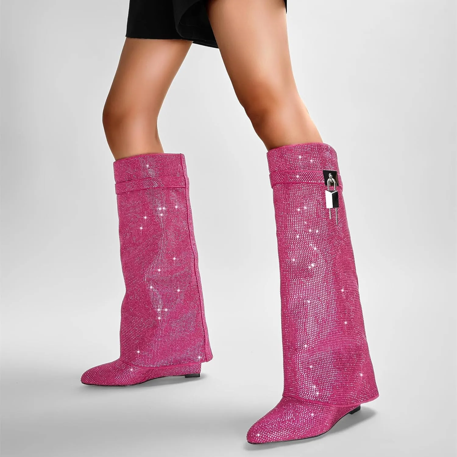 Fold Over Knee High Boots for Women - Pull-on Pointed Toe Wedge Heel With Sparkly Rhinestone and Padlock - Wide Calf Tall Fashion Boots for Party