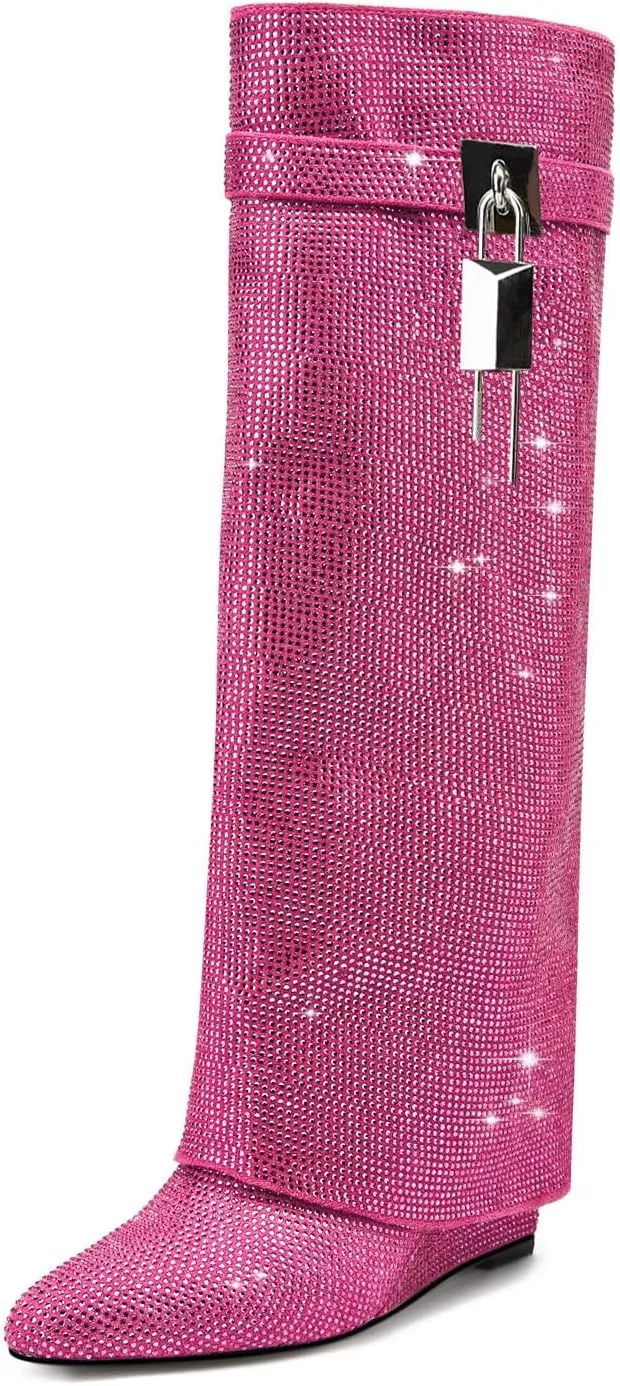 Fold Over Knee High Boots for Women - Pull-on Pointed Toe Wedge Heel With Sparkly Rhinestone and Padlock - Wide Calf Tall Fashion Boots for Party