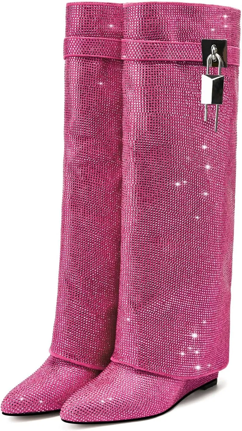 Fold Over Knee High Boots for Women - Pull-on Pointed Toe Wedge Heel With Sparkly Rhinestone and Padlock - Wide Calf Tall Fashion Boots for Party
