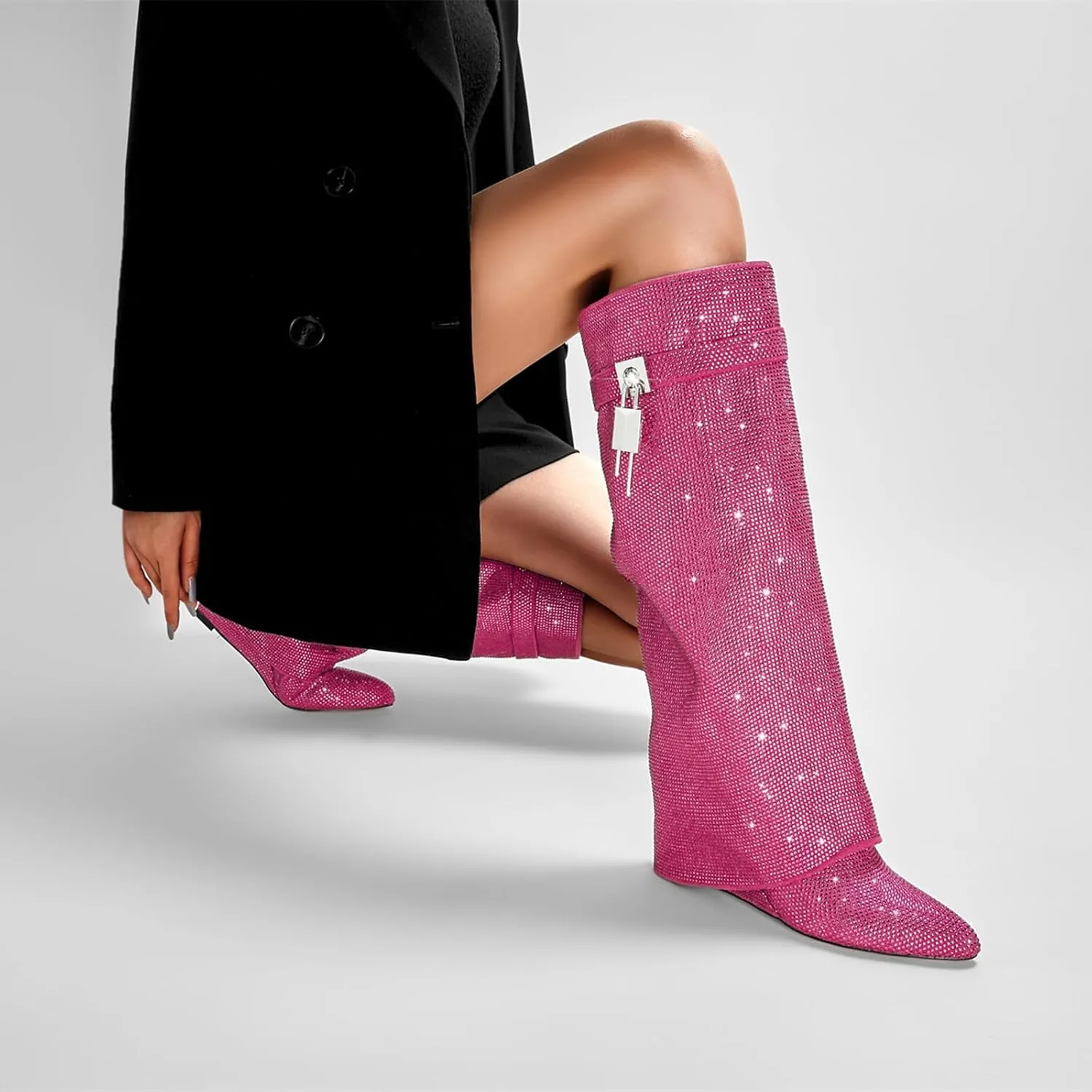Fold Over Knee High Boots for Women - Pull-on Pointed Toe Wedge Heel With Sparkly Rhinestone and Padlock - Wide Calf Tall Fashion Boots for Party