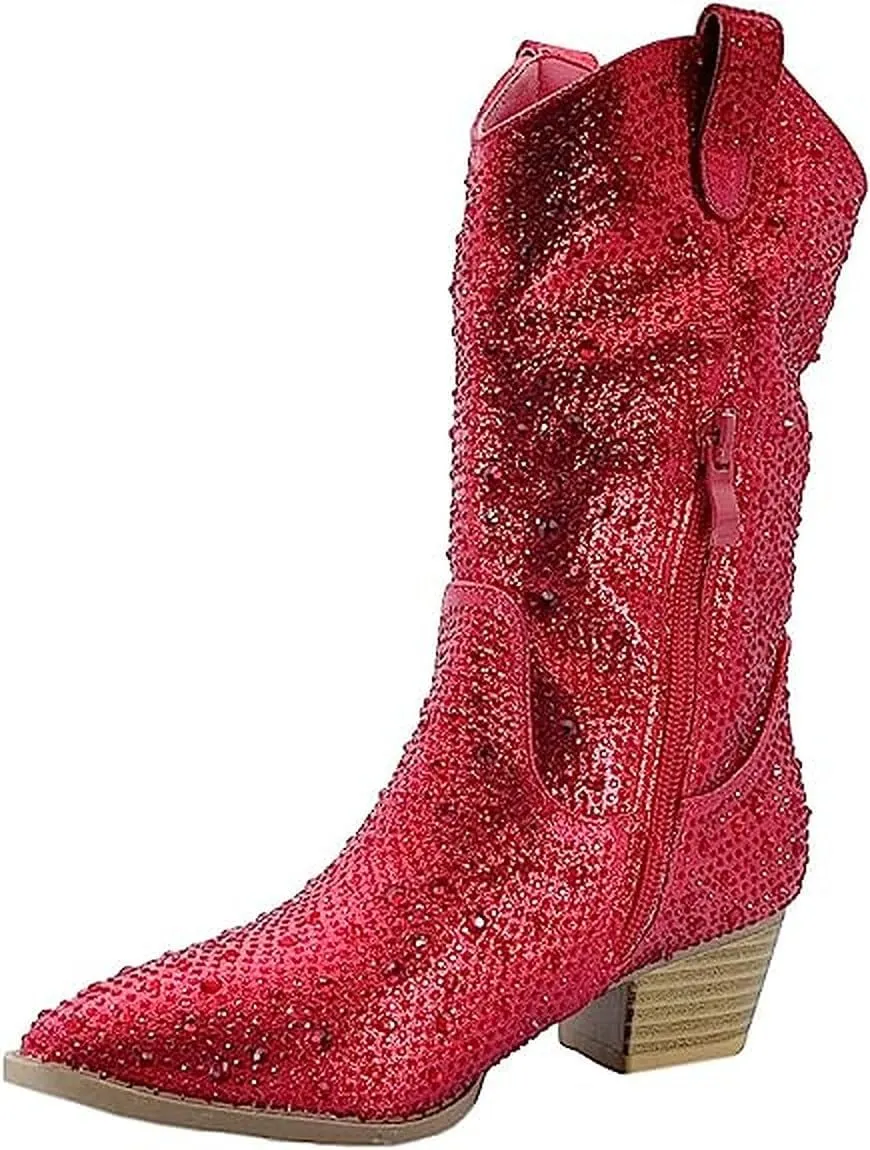 Forever Girls/Kids Rhinestone Western Cowgirl Cowboy Pointed Toe Low Heel Boots