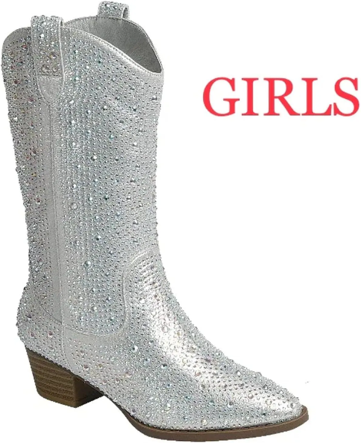 Forever Girls/Kids Rhinestone Western Cowgirl Cowboy Pointed Toe Low Heel Boots
