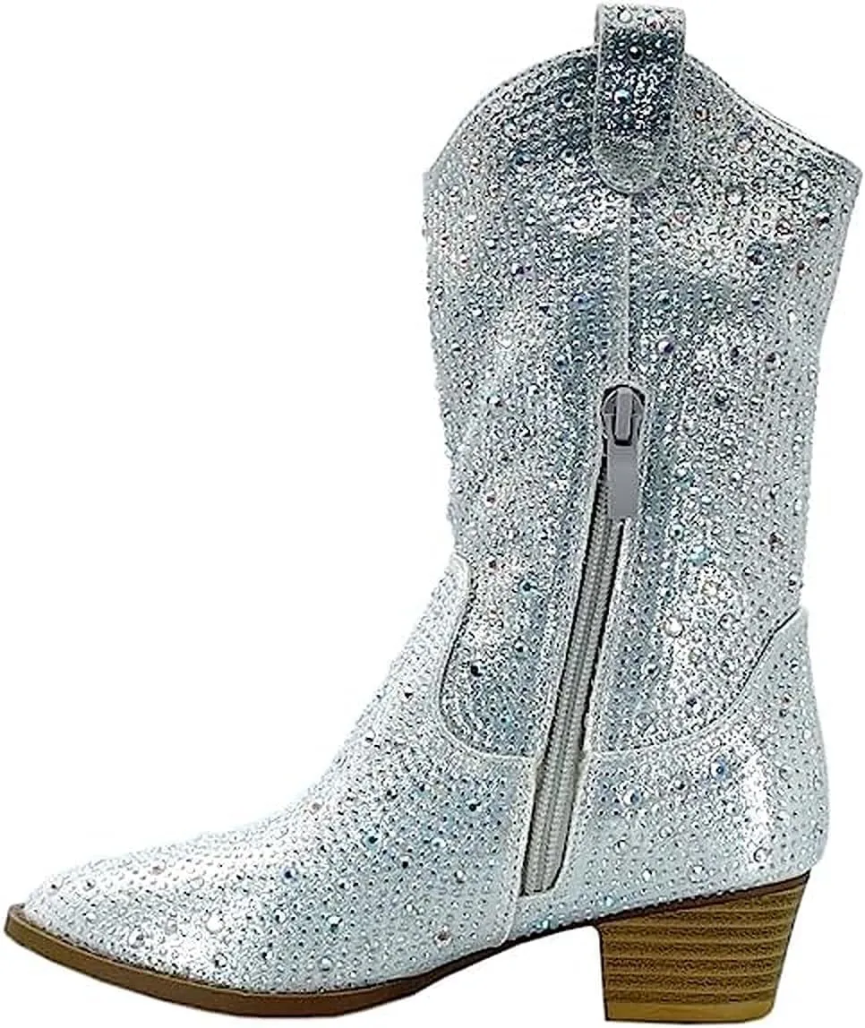 Forever Girls/Kids Rhinestone Western Cowgirl Cowboy Pointed Toe Low Heel Boots