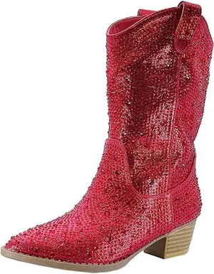 Forever Girls/Kids Rhinestone Western Cowgirl Cowboy Pointed Toe Low Heel Boots