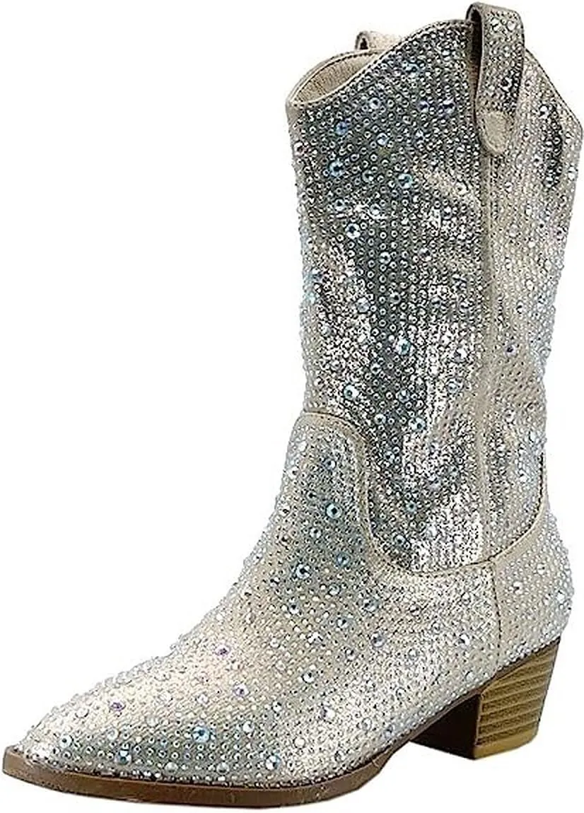 Forever Girls/Kids Rhinestone Western Cowgirl Cowboy Pointed Toe Low Heel Boots