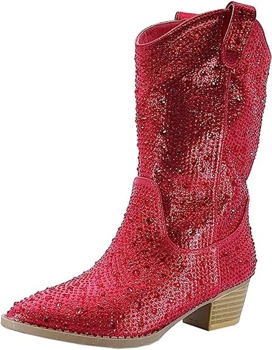 Forever Girls/Kids Rhinestone Western Cowgirl Cowboy Pointed Toe Low Heel Boots