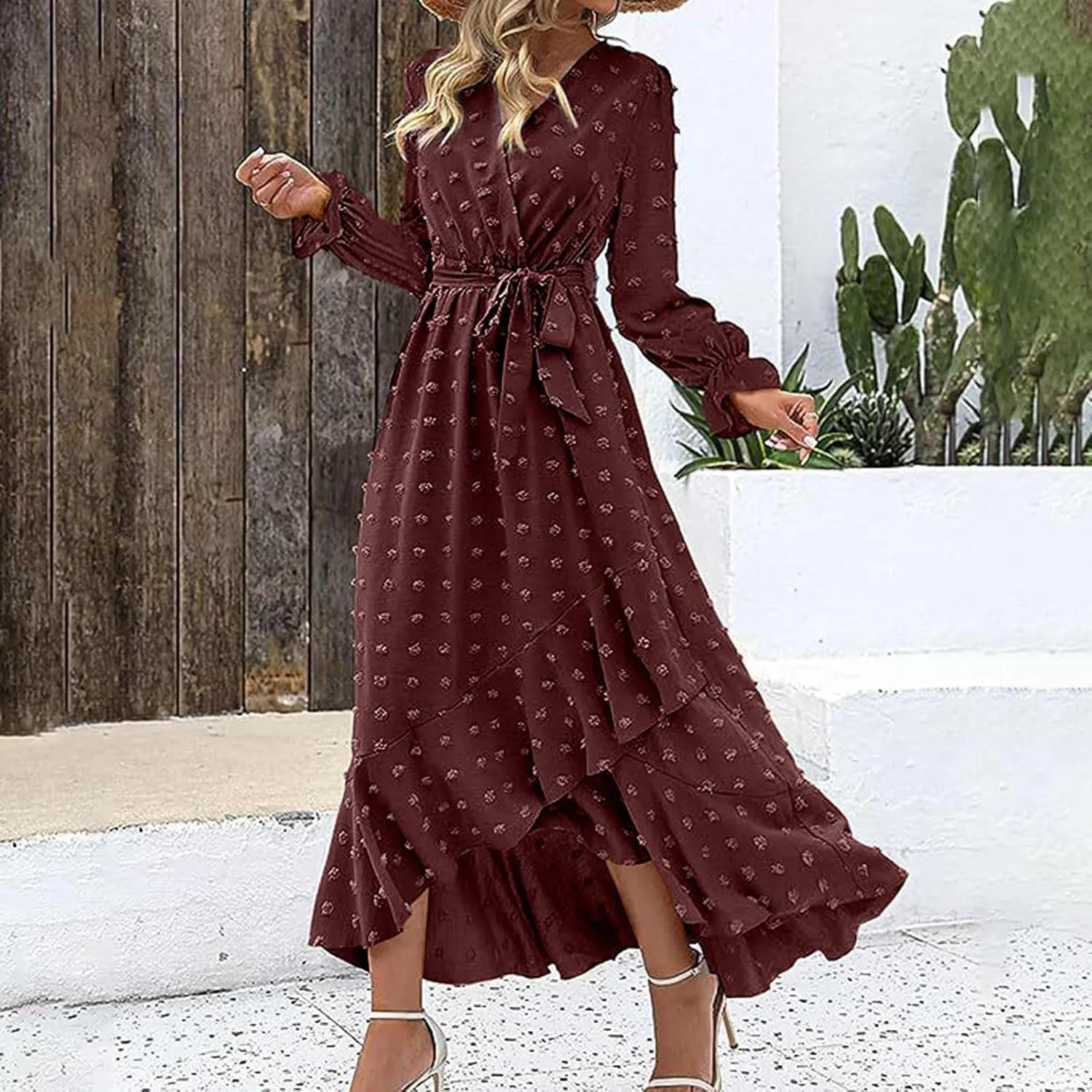Formal Dresses for Women 2024 Elegant Sexy Long Sleeve Wrap V Neck Bohemian Dress Causal Tie Waist Asymmetrical Dress