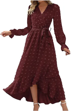 Formal Dresses for Women 2024 Elegant Sexy Long Sleeve Wrap V Neck Bohemian Dress Causal Tie Waist Asymmetrical Dress