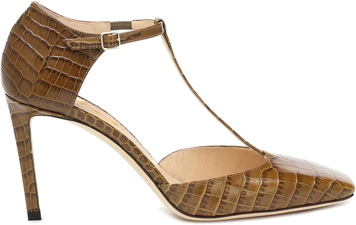 FOWT High Stiletto HeeledT-Strap Pumps for Women Embossed Crocodile Pattern Sandals Sexy Square Toe Ankle Buckle Strappy Pump D'Orsay Faux Leather Upper Shoes Spring Summer Beach Size 4-16 US