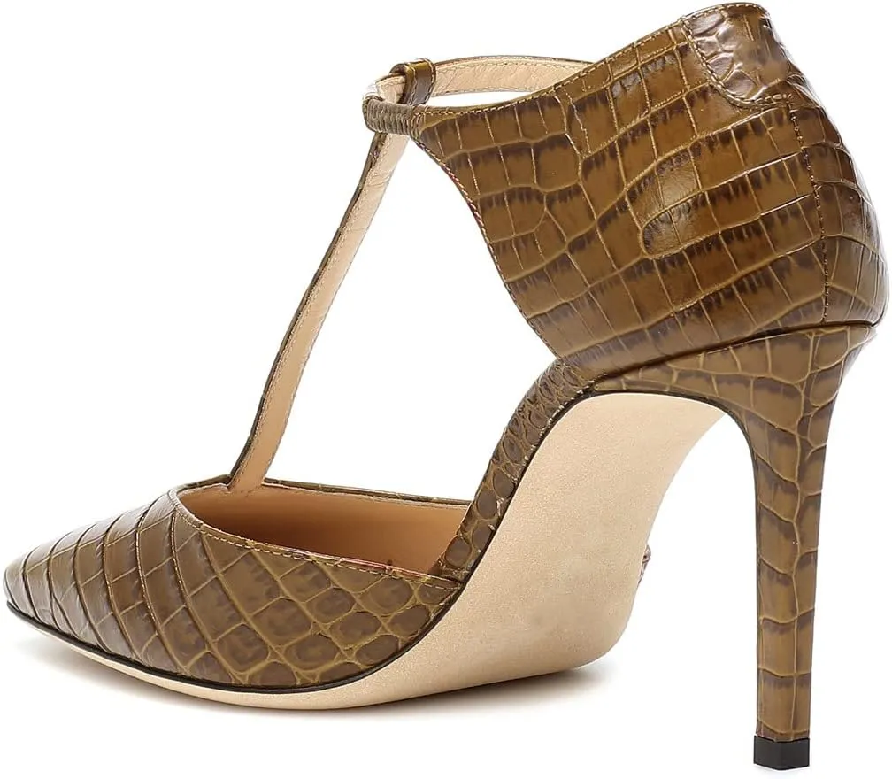 FOWT High Stiletto HeeledT-Strap Pumps for Women Embossed Crocodile Pattern Sandals Sexy Square Toe Ankle Buckle Strappy Pump D'Orsay Faux Leather Upper Shoes Spring Summer Beach Size 4-16 US