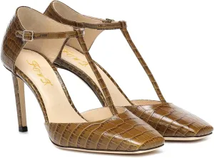 FOWT High Stiletto HeeledT-Strap Pumps for Women Embossed Crocodile Pattern Sandals Sexy Square Toe Ankle Buckle Strappy Pump D'Orsay Faux Leather Upper Shoes Spring Summer Beach Size 4-16 US