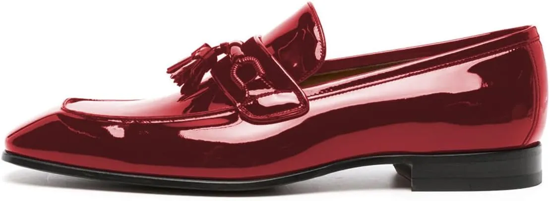 FOWT Men Glossy Square Toe Tassels Decor Loafers Low Heel Slip On Casual Daily Walking Shoes Size 4-16 US